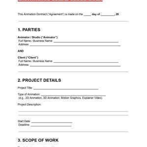 Puede incluir: Documento blanco titulado "CONTRATO DE ANIMACIÓN" con texto rojo. El contrato incluye secciones para las partes, los detalles del proyecto y el alcance del trabajo. Se proporcionan campos para el animador, el cliente, el título del proyecto y el tipo de animación.