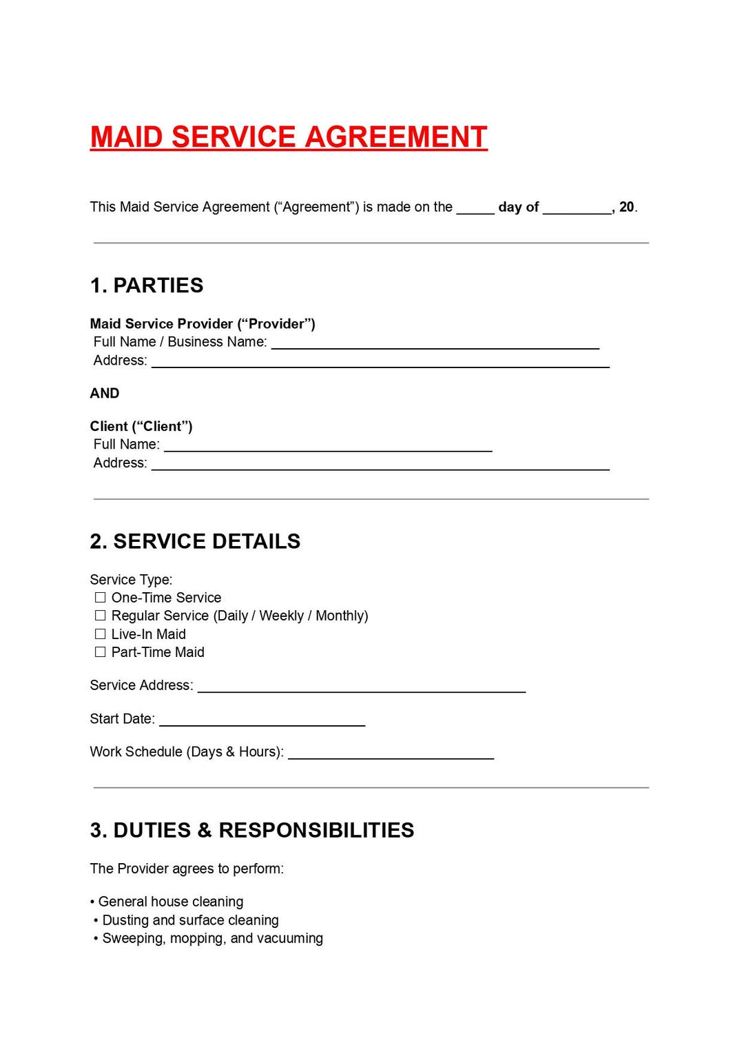 Maid Service Agreement Template Editable DOC PDF, House Cleaning ...