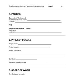 May include: A white document titled "CONSTRUCTION CONTRACT" with red text. The document includes sections for parties involved, project details, and scope of work. Lines are provided for filling in information.