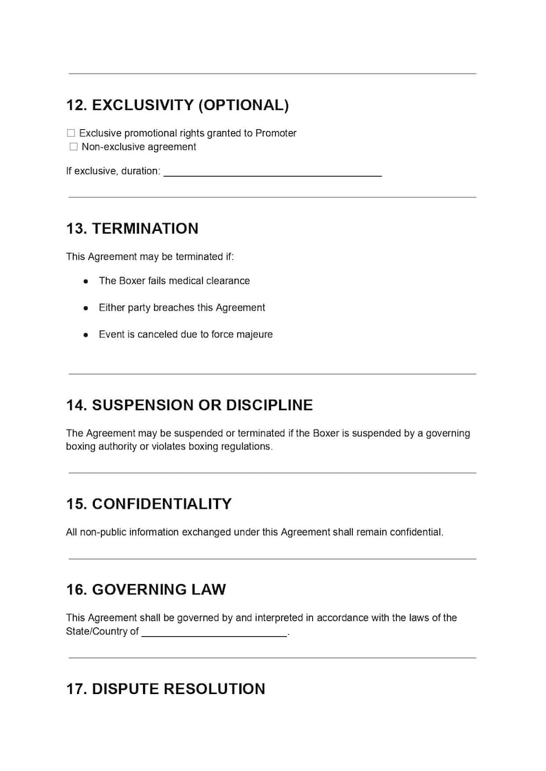 Boxing Contract Agreement Template | Fighter & Promoter Agreement PDF ...