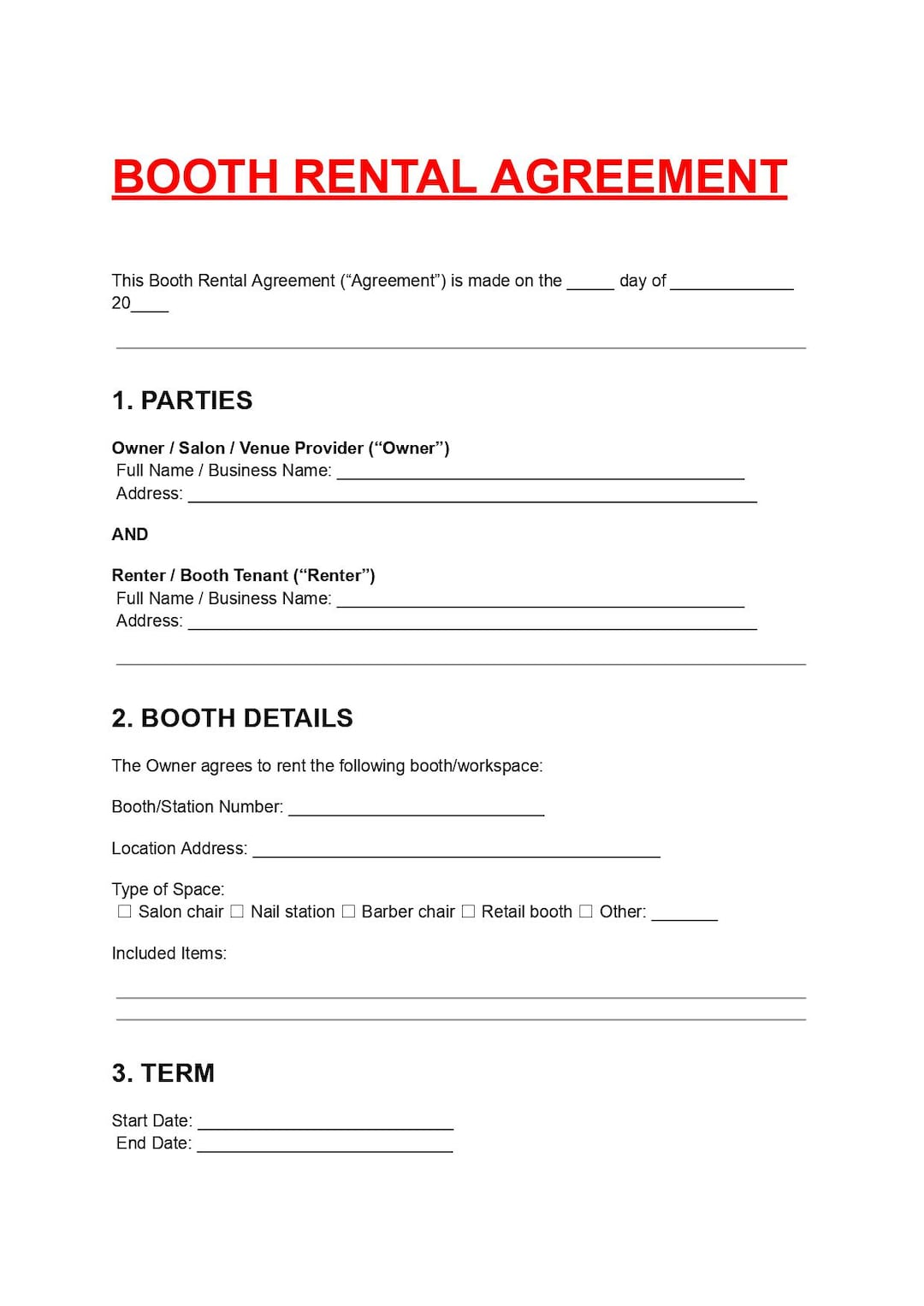 Booth Rental Agreement Template Editable DOC PDF - Etsy