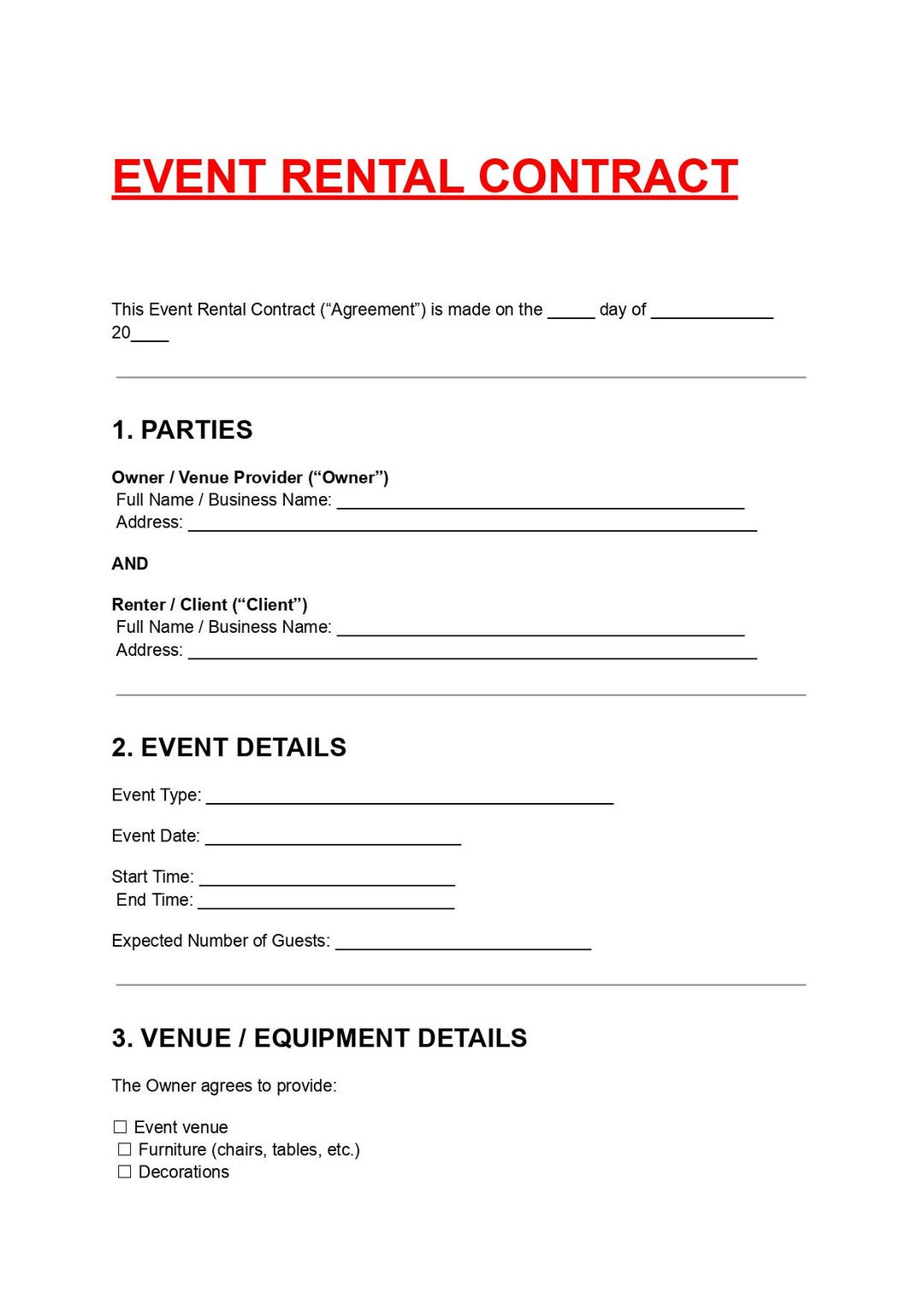 Event Rental Contract Template Editable DOC PDF - Etsy
