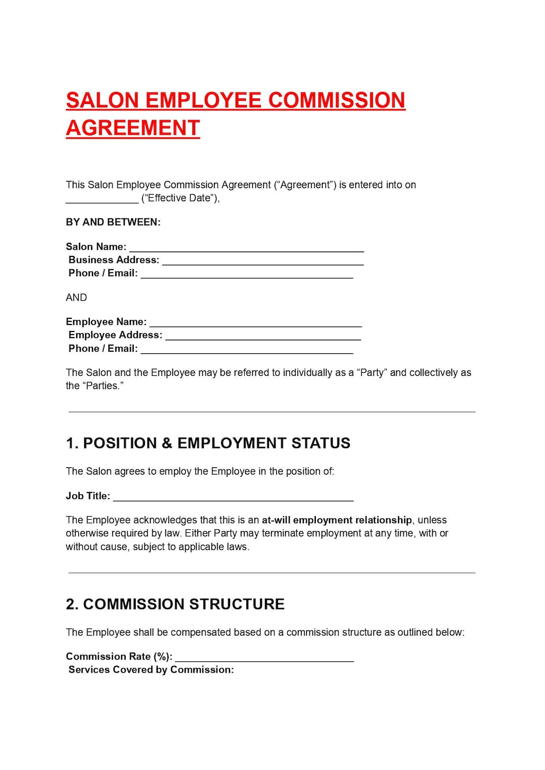 Salon Employee Commission Agreement Template – Beauty Staff Commission ...