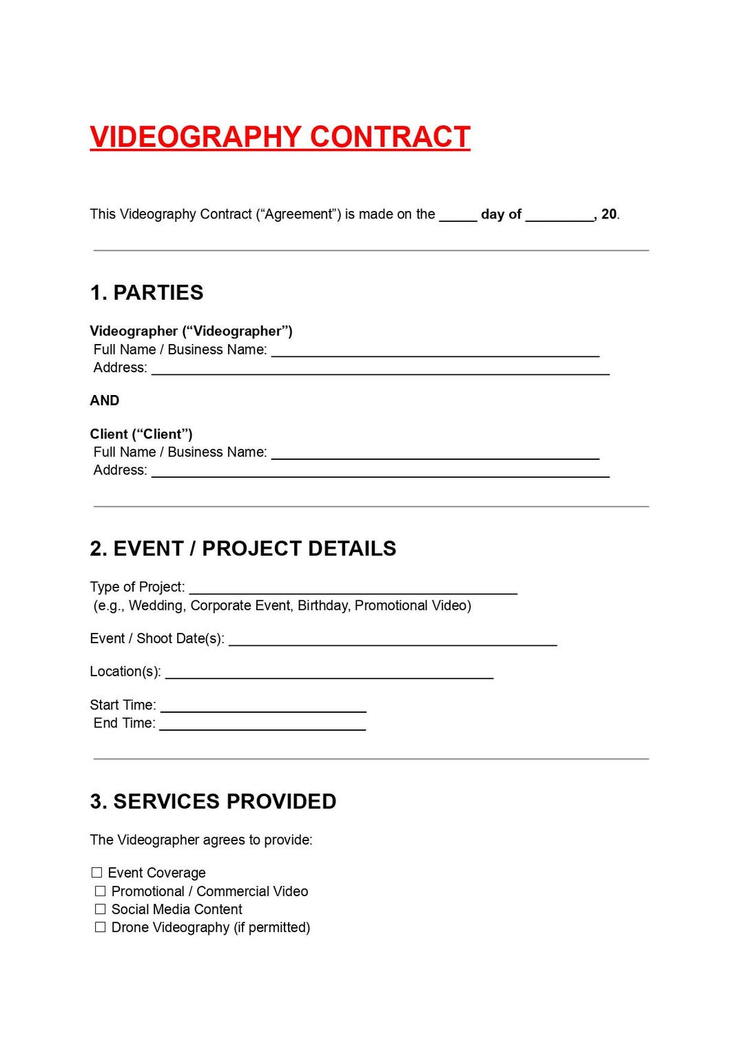 Videography Contract Template Editable DOC PDF for Videographer Client ...