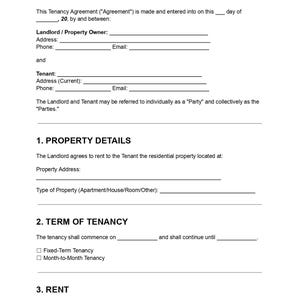 May include: A white document headed "TENANCY AGREEMENT" in red text. The form includes sections for Landlord/Property Owner, Tenant, Property Details, Term of Tenancy, and Rent. It is a fill-in-the-blanks template.