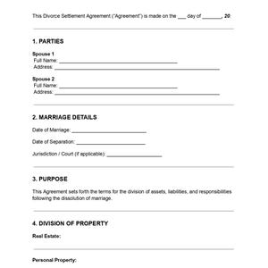 May include: A white document titled "DIVORCE SETTLEMENT AGREEMENT" with red text. The document includes sections for parties, marriage details, purpose, and division of property, with blank lines for information.
