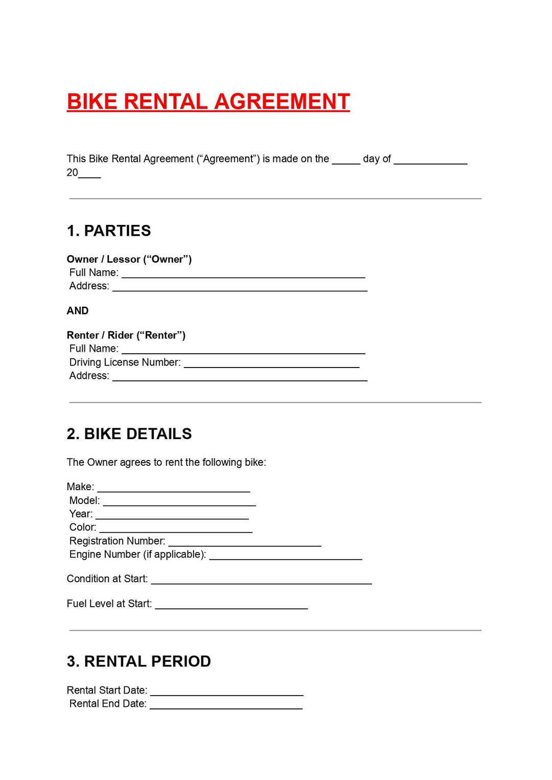Bike Rental Agreement Template Editable DOC PDF - Etsy