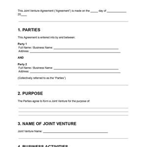 May include: A white document titled "JOINT VENTURE AGREEMENT" with red text. The document includes sections for parties, purpose, joint venture name, and business activities, with blank lines for filling in details.