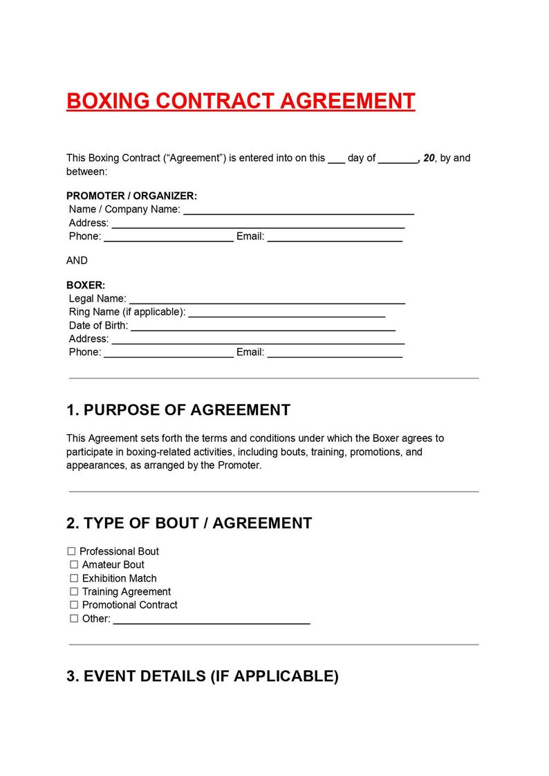 Boxing Contract Agreement Template | Fighter & Promoter Agreement PDF ...