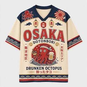Puede incluir: Una camiseta de cuello en V color crema con ribetes azul marino, con un gráfico de pulpo rojo, una jarra de cerveza y linternas japonesas. El texto dice OSAKA, DOTONBORI y DRUNKEN OCTOPUS, junto a caracteres japoneses y un diseño de olas.