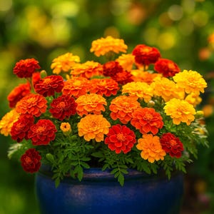 May include: A vibrant arrangement of marigold flowers in a blue ceramic pot. The flowers display a spectrum of colors, including deep red, orange, and yellow. The green foliage provides a contrasting backdrop to the colorful blooms, creating a visually appealing display.