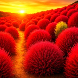 Pode incluir: Uma paisagem vibrante de arbustos vermelhos de Kochia sob um pôr do sol dourado. As plantas esféricas criam um padrão texturizado e repetitivo em todo o campo, com um único arbusto amarelo adicionando contraste. Os raios do sol iluminam a cena.