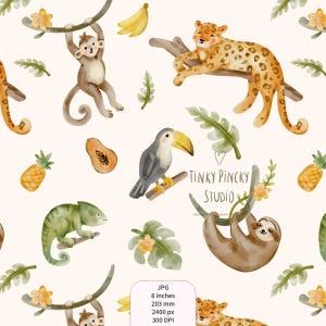May include: Watercolor illustration featuring a repeating pattern of jungle animals and tropical fruits. The design includes a monkey, leopard, toucan, chameleon, and sloth, along with bananas, pineapples, and papaya. The text "Tinky Pincky Studio" is visible.
