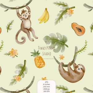 Puede incluir: Ilustración acuarela de un patrón sin costuras con un mono, un perezoso, una piña, un plátano, una papaya y hojas tropicales sobre un fondo verde claro. El texto "TINKY PINCKY STUDIO" es visible. La imagen mide 203 mm de ancho.