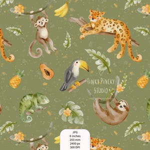 Pode incluir: Ilustração em aquarela de um padrão com tema de selva com fundo verde. O design apresenta um macaco, leopardo, tucano, bicho-preguiça, camaleão, abacaxi, mamão e banana. O texto "Tinky Pincky Studio" é visível.