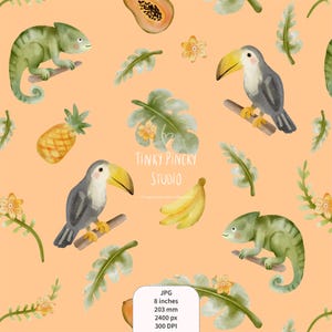 May include: Watercolor pattern featuring a repeating design of toucans, chameleons, bananas, pineapples, papaya, and tropical leaves on a peach background. The text "Tinky Pincky Studio" is visible. The image is 8 inches and 203 mm.