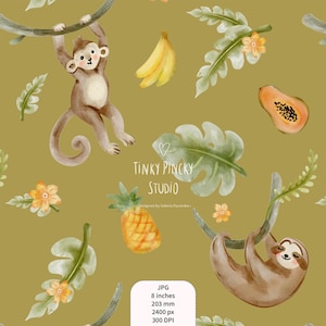 May include: A jungle-themed watercolor pattern featuring a monkey, sloth, pineapple, papaya, banana, and tropical leaves. The text "TINKY PINCKY STUDIO" is visible. The image is 203 mm.