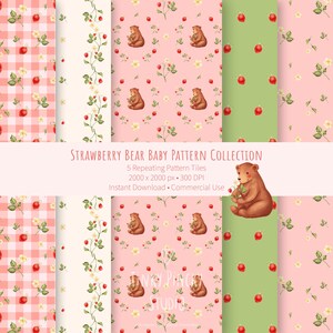 May include: A collection of five repeating pattern tiles. The patterns include a pink gingham, a floral vine, a pink background with bears and flowers, a green background with strawberries, and a pink background with strawberries and flowers. The text reads "Strawberry Bear Baby Pattern Collection".