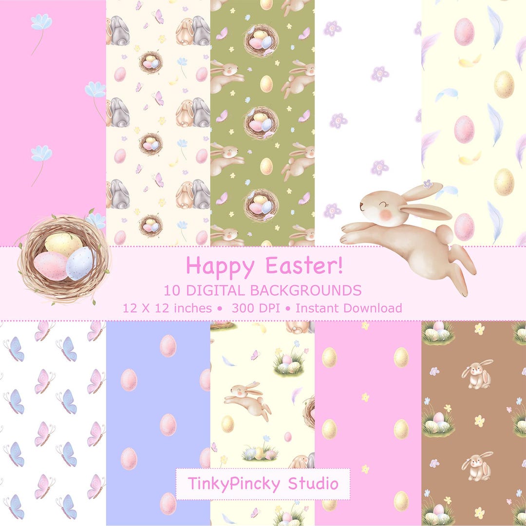 10 Easter Digital Papers, Easter Backgrounds JPG, Spring Bunny Pattern ...