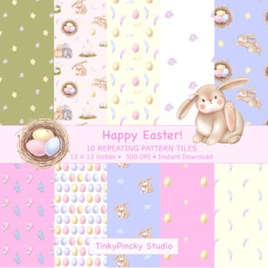 May include: A collection of ten repeating Easter-themed pattern tiles. The designs include bunnies, Easter eggs, nests, and floral elements in pastel colors. The text "Happy Easter!" is displayed, along with the dimensions of the tiles.