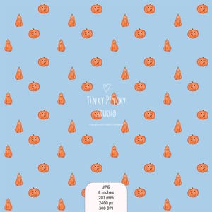 May include: A light blue digital pattern featuring repeating orange pumpkins with simple facial features. The text TINKY PInCKY STUDIO and Designed by Valeria Pinterino is centered. A white box displays JPG, 8 inches, 203 mm, 2400 px, 300 DPI.