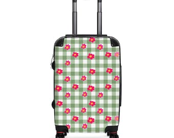 Valise rigide à imprimé floral vichy : poignée réglable, roues pivotantes, cadenas TSA