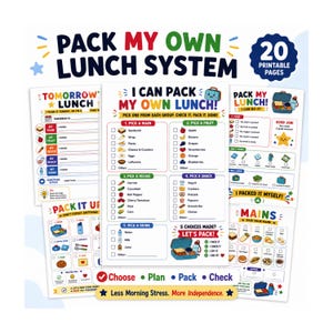 Puede incluir: Un conjunto de 20 páginas imprimibles titulado Pack My Own Lunch System, que presenta listas de verificación coloridas e iconos para organizar las comidas escolares. Las hojas incluyen categorías como Pick a Main, Pick a Fruit, Pick a Veggie y Pick a Snack para ayudar a los niños a planificar sus almuerzos de forma independiente con casillas de verificación e ilustraciones.