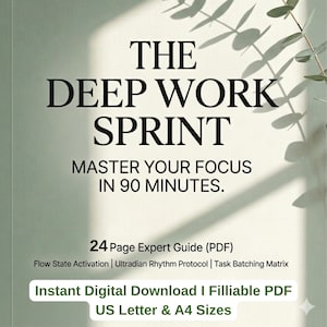 以下が含まれることがあります： 「THE DEEP WORK SPRINT」というタイトルのデジタルダウンロードで、「MASTER YOUR FOCUS IN 90 MINUTES」というキャッチフレーズが付いています。このガイドは24ページのPDFで、フロー状態の活性化、超日周リズムプロトコル、タスクバッチ処理マトリックスを提供します。USレターサイズとA4サイズで利用できます。