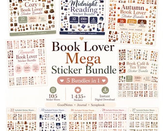 Puede incluir: Una colección de pegatinas digitales titulada Book Lover Mega Sticker Bundle, que incluye cinco conjuntos distintos: Cozy Book Lover, Midnight Reading, Autumn Book Lover, Romantic Book Lover y Book Cafe & Tea Time, con un total de 105 hojas y 1435+ pegatinas.