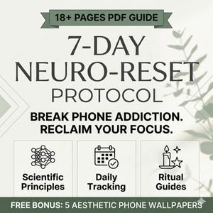 Può includere: Una guida digitale intitolata "7-DAY NEURO-RESET PROTOCOL" con il testo "BREAK PHONE ADDICTION. RECLAIM YOUR FOCUS." La guida include sezioni su principi scientifici, monitoraggio quotidiano e guide rituali. Offre anche un bonus gratuito di 5 sfondi estetici per telefoni.