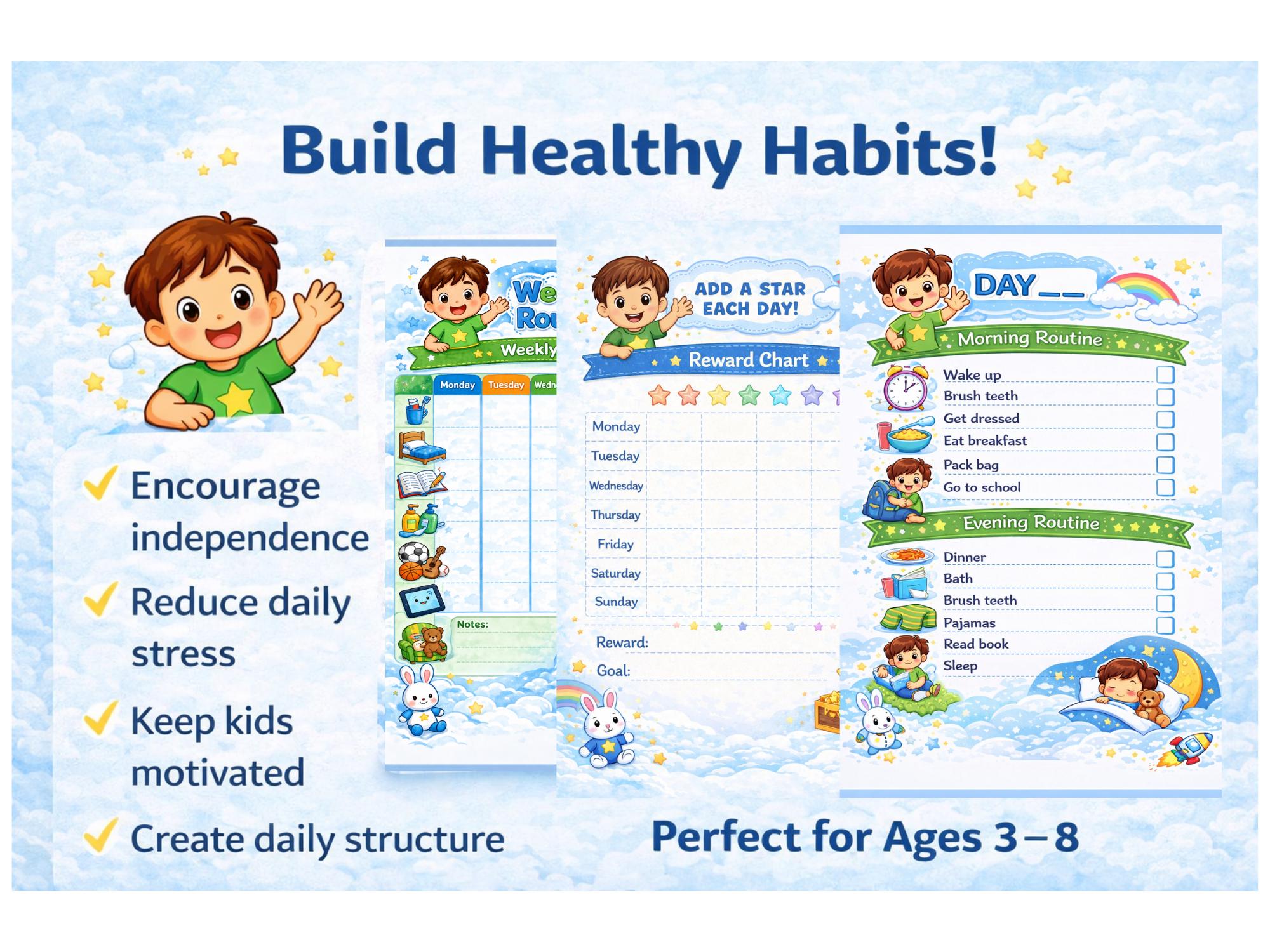 Boys Routine Sticker Chart Printable Kids Routine Chart for Boys Printable, Daily Routine, Visual Schedule ...