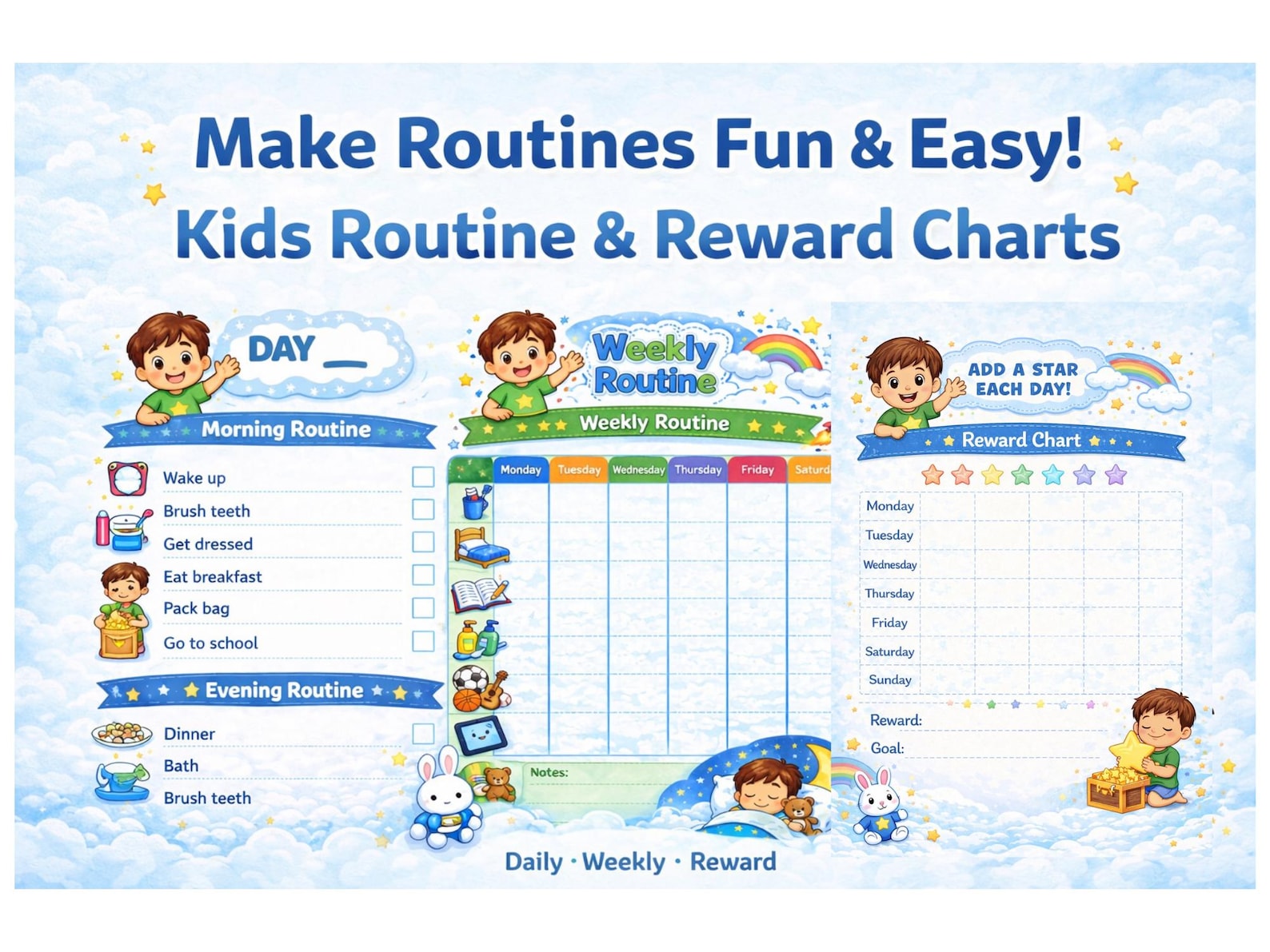 Kids Routine Chart for Boys Printable, Daily Routine, Visual Schedule ...