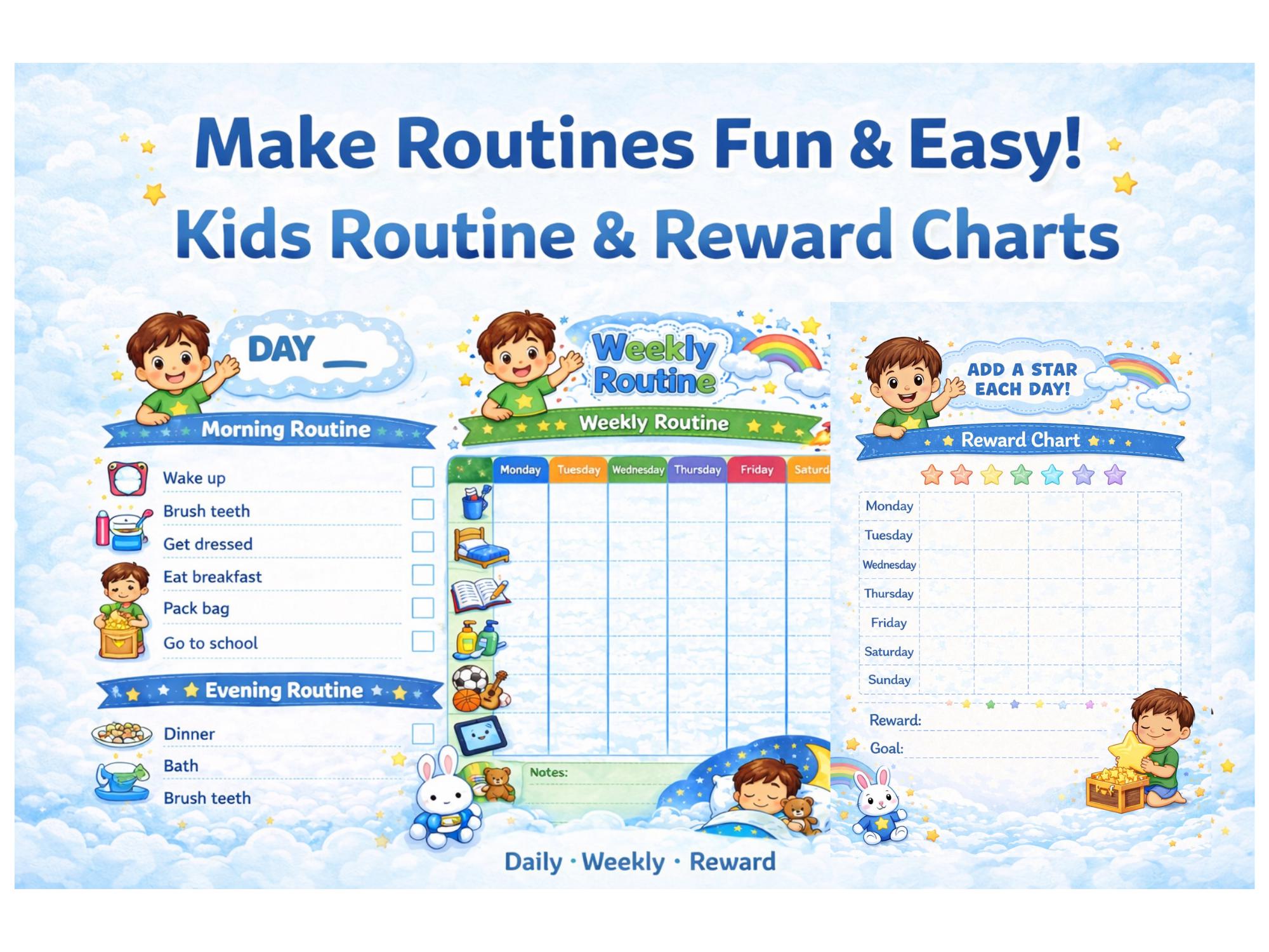 Boys Routine Sticker Chart Printable Kids Routine Chart for Boys Printable, Daily Routine, Visual Schedule ...