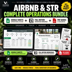 May include: A digital operations bundle for Airbnb and STR hosts featuring a Google Sheets turnover control center, a Notion operations workspace, and PDF guides. The display shows property management dashboards, checklists, and resource icons.