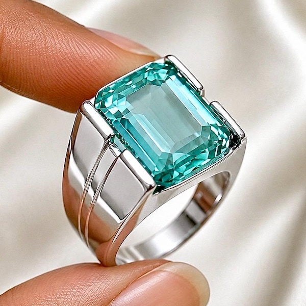 Bague pour homme en aigue-marine, chevalière en argent sterling 925 taille émeraude, bague de déclaration faite à la main, cadeau pierre de naissance de mars pour lui.
