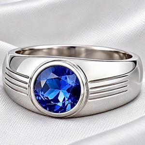 Men’s Blue Sapphire Gemstone Ring, 925 Sterling Silver Handmade Ring, Round Blue Statement Ring, September Birthstone Gift for Him.