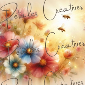 Può includere: Illustrazione digitale di un bouquet di fiori nei toni del rosso, rosa e blu, con il testo "Pétales Créatives" e due api. Lo sfondo è di un giallo morbido e caldo.