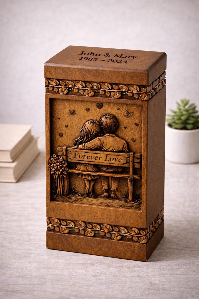 Puede incluir: Urna de madera con dise&ntilde;o tallado. La parte superior est&aacute; grabada con "John & Mary 1985-2024". La parte frontal presenta una pareja en un banco con las palabras "Forever Love". La urna es marr&oacute;n con detalles de hojas y flores.