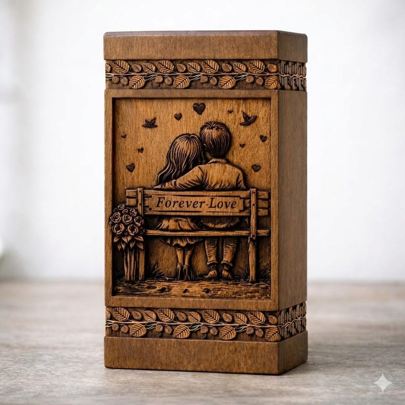 Urna de cremación de palisandro tallada a mano para cenizas, urna conmemorativa para pareja con amor eterno imagen 1