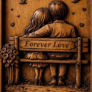 Puede incluir: Talla de madera que representa a una pareja abraz&aacute;ndose en un banco, con las palabras "Forever Love" talladas. La obra est&aacute; enmarcada con elementos decorativos, incluyendo corazones, p&aacute;jaros y un ramo de rosas. La pieza es de madera.