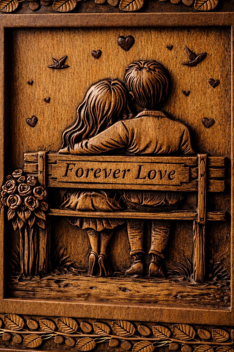 Puede incluir: Talla de madera que representa a una pareja abraz&aacute;ndose en un banco, con las palabras "Forever Love" talladas. La obra est&aacute; enmarcada con elementos decorativos, incluyendo corazones, p&aacute;jaros y un ramo de rosas. La pieza es de madera.