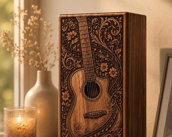 Urna funeraria con forma de guitarra hecha a mano para cenizas, urna de cremación de madera personalizada, regalo de condolencia para amantes de la música, recuerdo funerario.