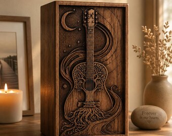 Handcrafted Guitar Memorial Urn Box | Tree of Life Wooden Cremation Urn, Music Lover Tribute