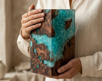 Urna de madera y resina turquesa inspirada en el océano, caja conmemorativa estilo río.