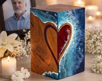 Handcrafted Memorial Urn | Wooden Resin Cremation Urn | Heart and Ocean Design Keepsake | Sympathy Gift