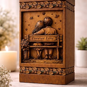 Puede incluir: Caja rectangular de madera marr&oacute;n con un relieve tallado de una pareja en un banco, con las palabras "Forever Love". La caja tiene bordes decorativos de hojas y vides.