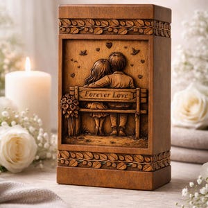 Puede incluir: Caja de madera marr&oacute;n con un relieve tallado que representa a una pareja en un banco con la inscripci&oacute;n "Forever Love". La caja tiene patrones de hojas y vides. Un ramo de flores est&aacute; tallado a la izquierda. Una vela encendida y rosas blancas est&aacute;n en el fondo.