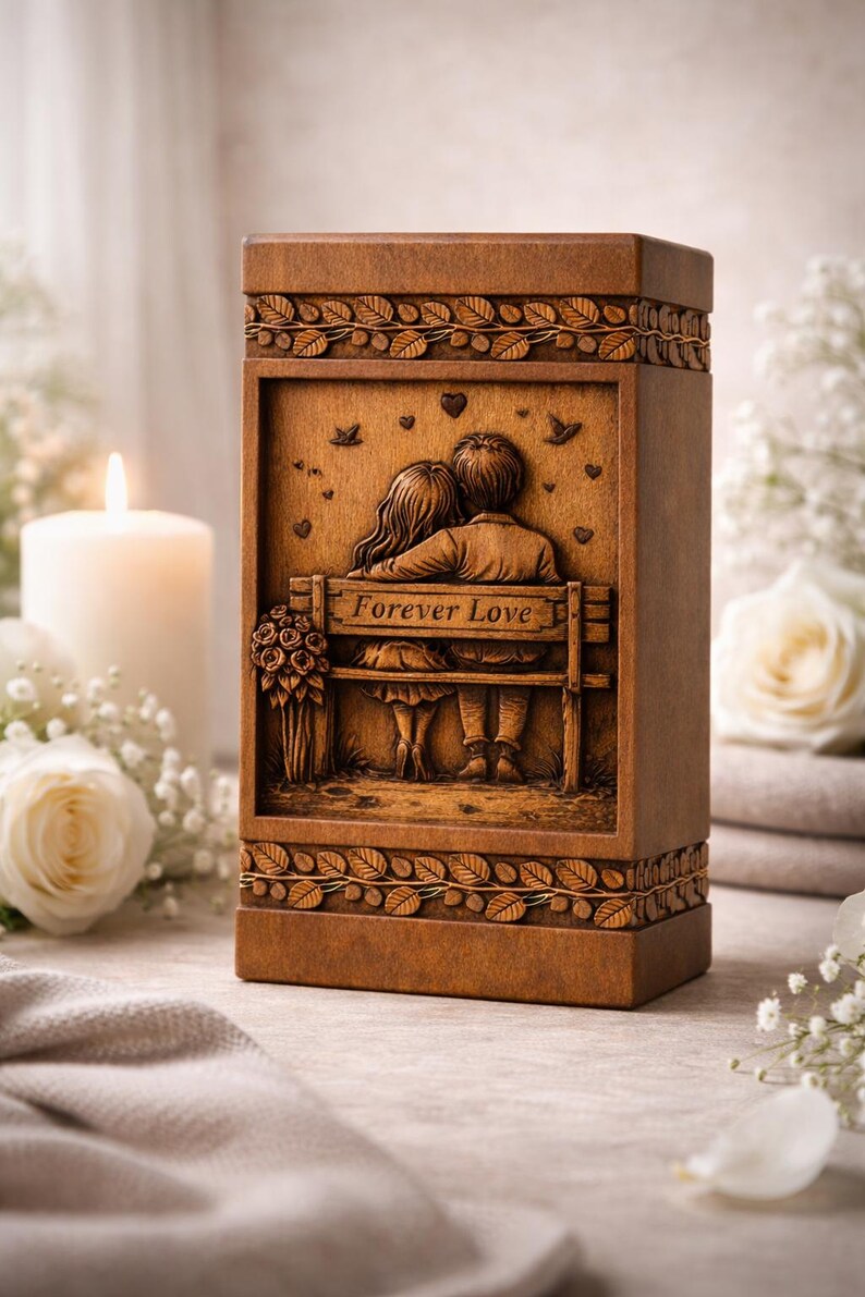 Puede incluir: Caja de madera marr&oacute;n con un relieve tallado que representa a una pareja en un banco con la inscripci&oacute;n "Forever Love". La caja tiene patrones de hojas y vides. Un ramo de flores est&aacute; tallado a la izquierda. Una vela encendida y rosas blancas est&aacute;n en el fondo.