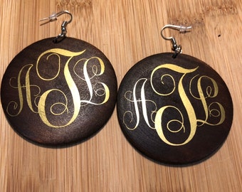 wooden earrings- monogram earrings- personalized earrings- monogram wooden earrings-  wooden monogram earrings- fall jewelry