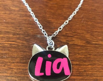 cat necklace- cat lovers gift- cat jewelry- cat lover gift- cat face necklace- cat gift- child birthday gift- monogram cat necklace